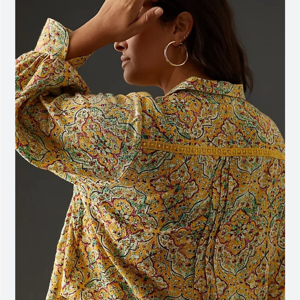 Anthropologie | Pilcro Pintuck Peasant Blouse in a yellow floral print Large - Picture 2 of 13